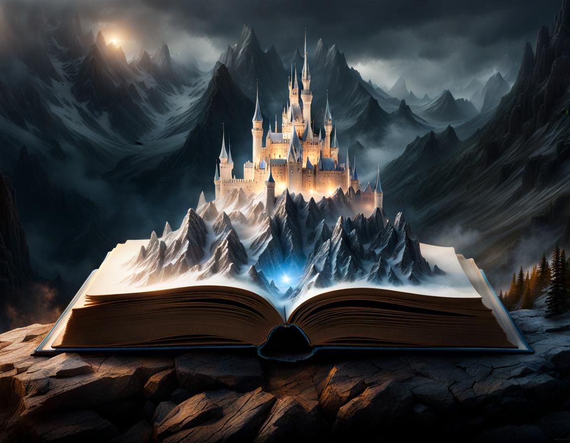 Miniature Fantasy Castle Emerging from Book: Digital Art