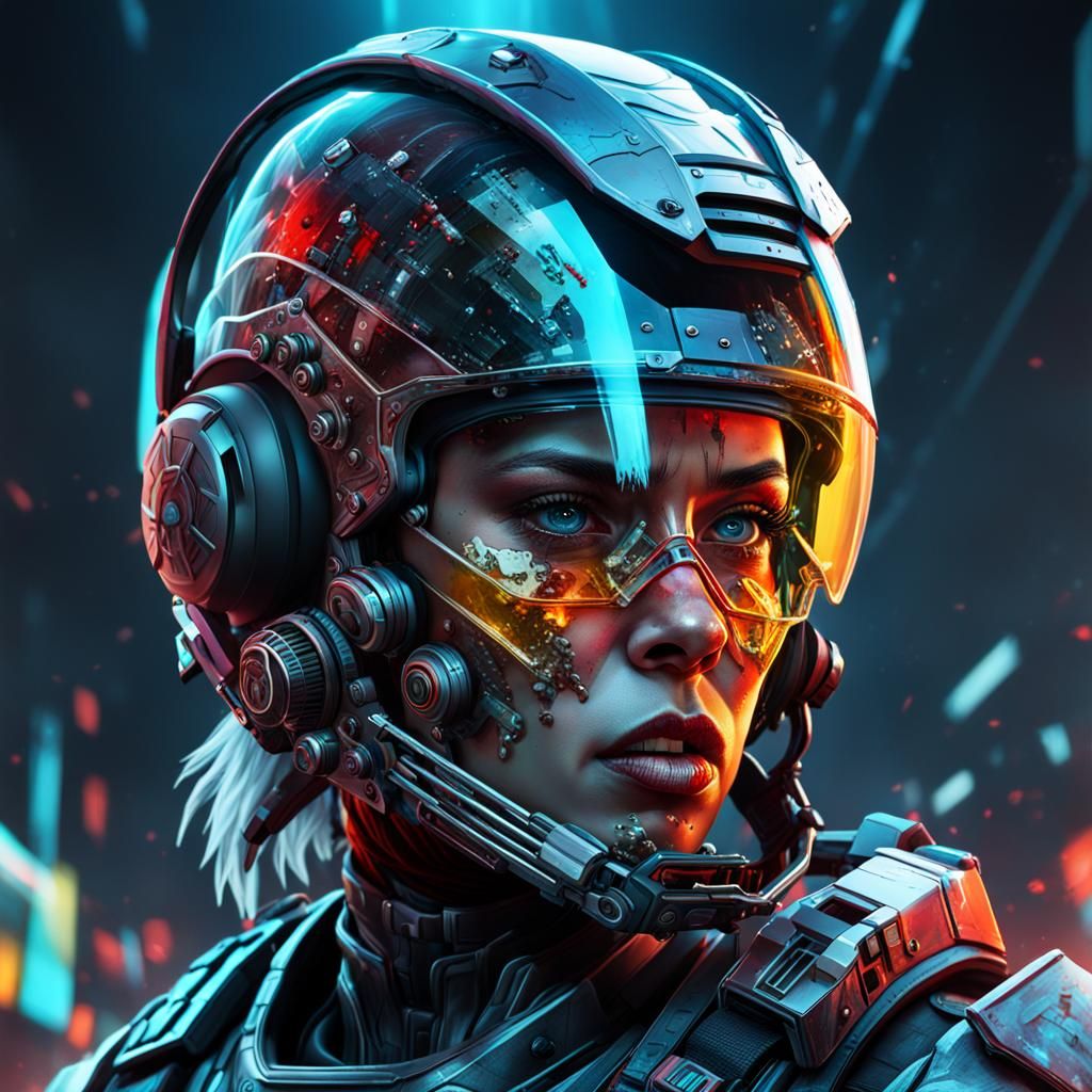 Female Warrior in High-Tech Helmet: Hyperrealistic Splash Ar...