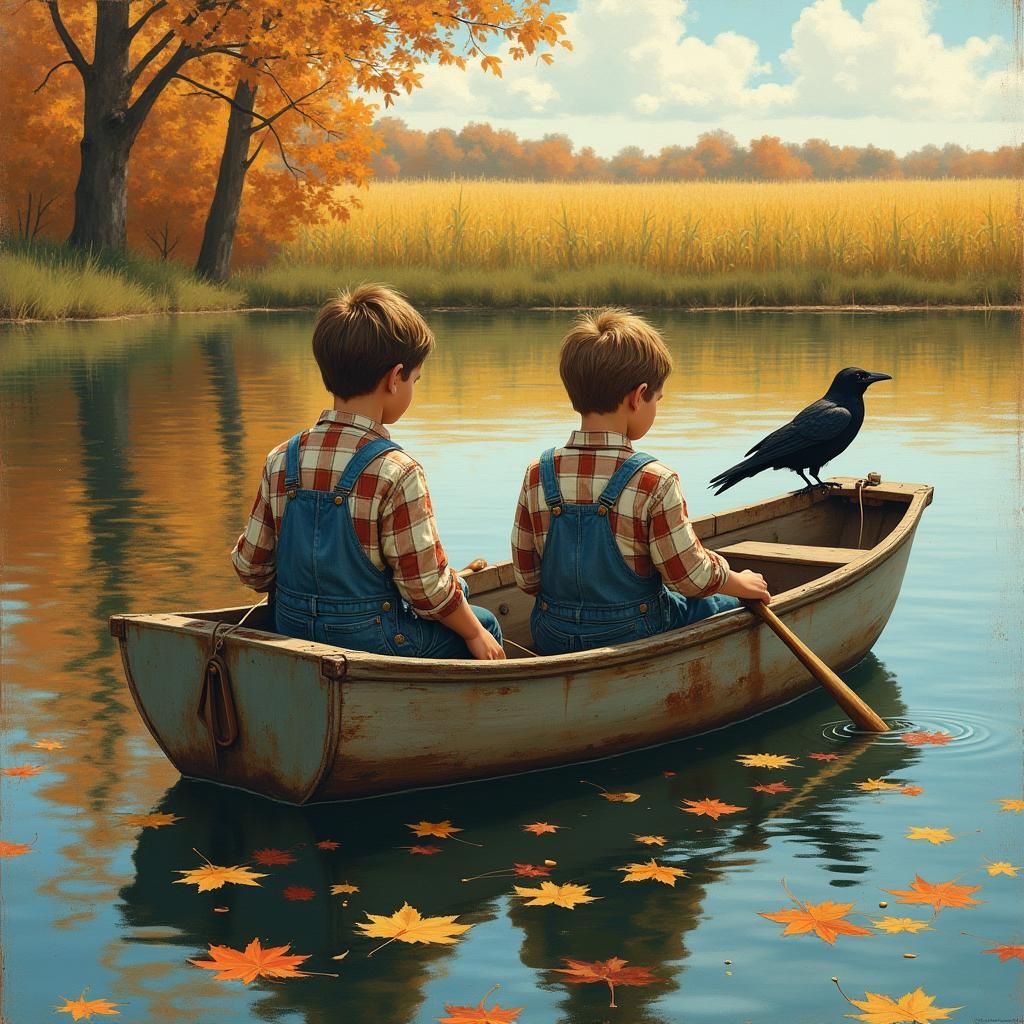Boys Fishing on Autumn Pond in Nostalgic Style