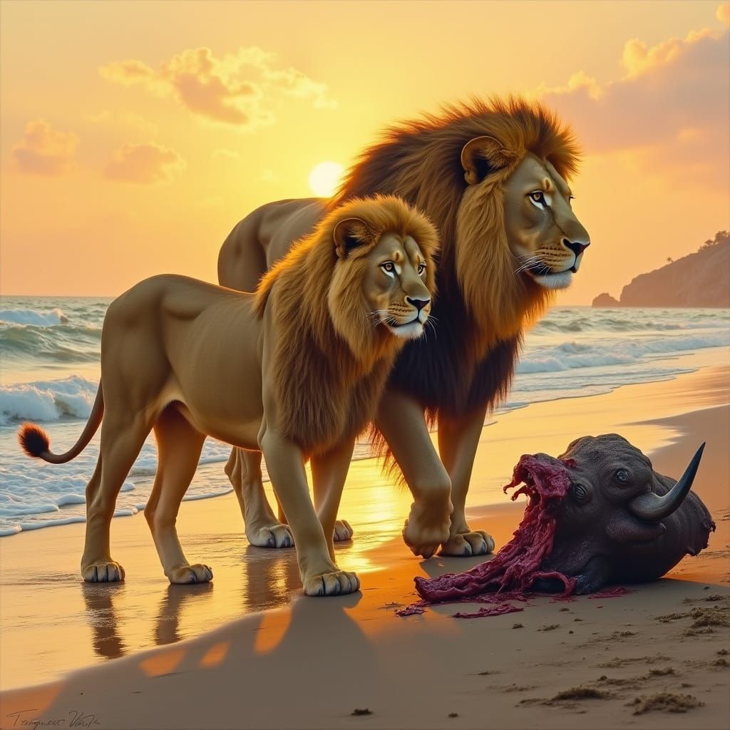 Regal Lioness and Her Majestic Lion Husband Stroll on Beach