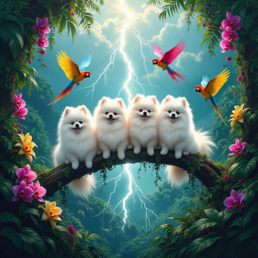 Pomeranians on Lightning Amidst Jungle Storm