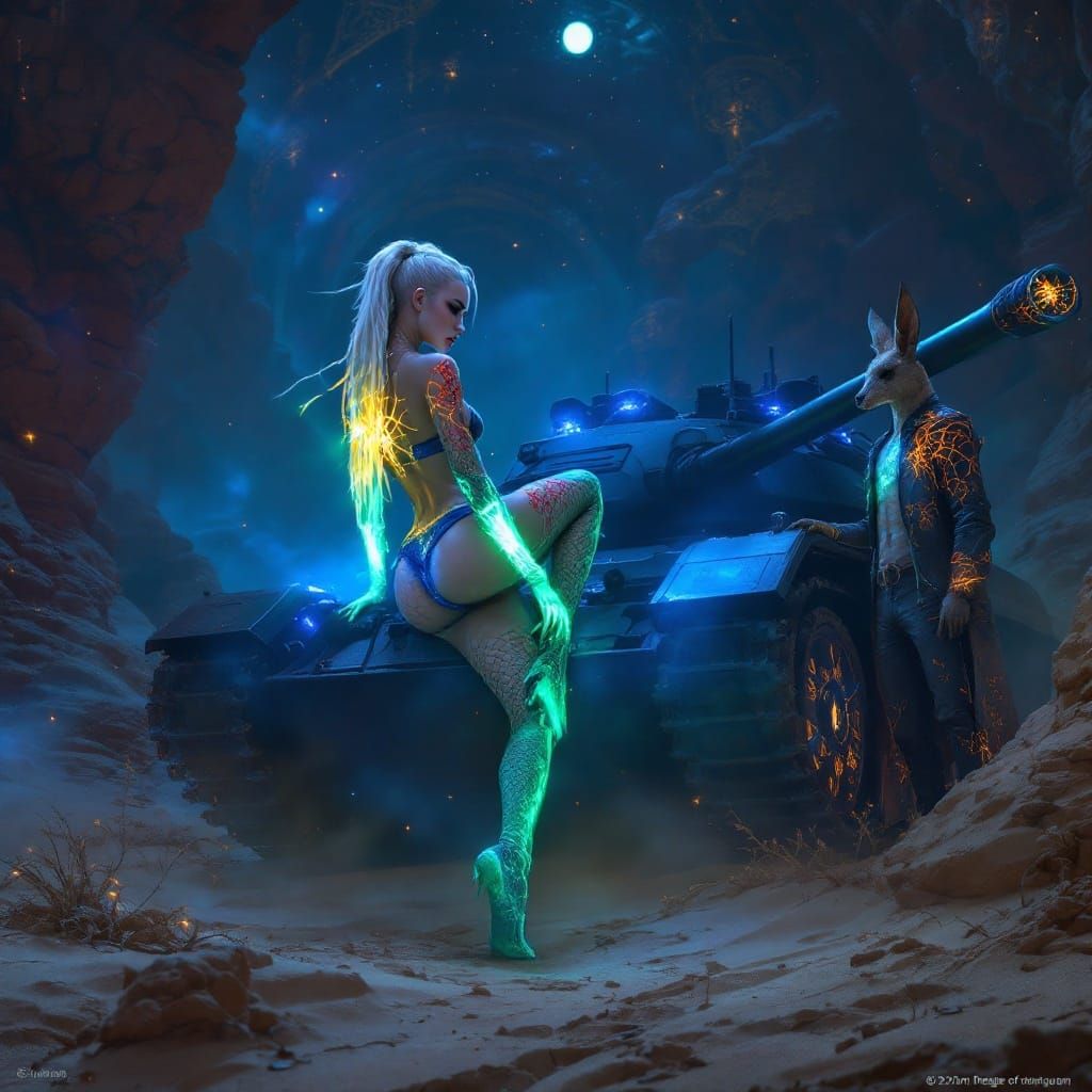 Seductive Goth Tankwoman and Kangaroo Man in High-Fantasy De...