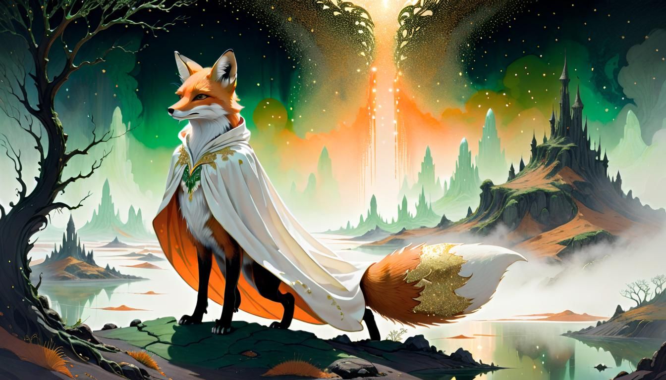 Anthropomorphic Fox Silhouette in Eerie Fantasy Landscape