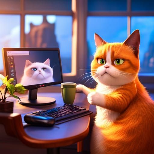 Cute Cat Watching Grumpy Cat Meme: 3D Digital Art