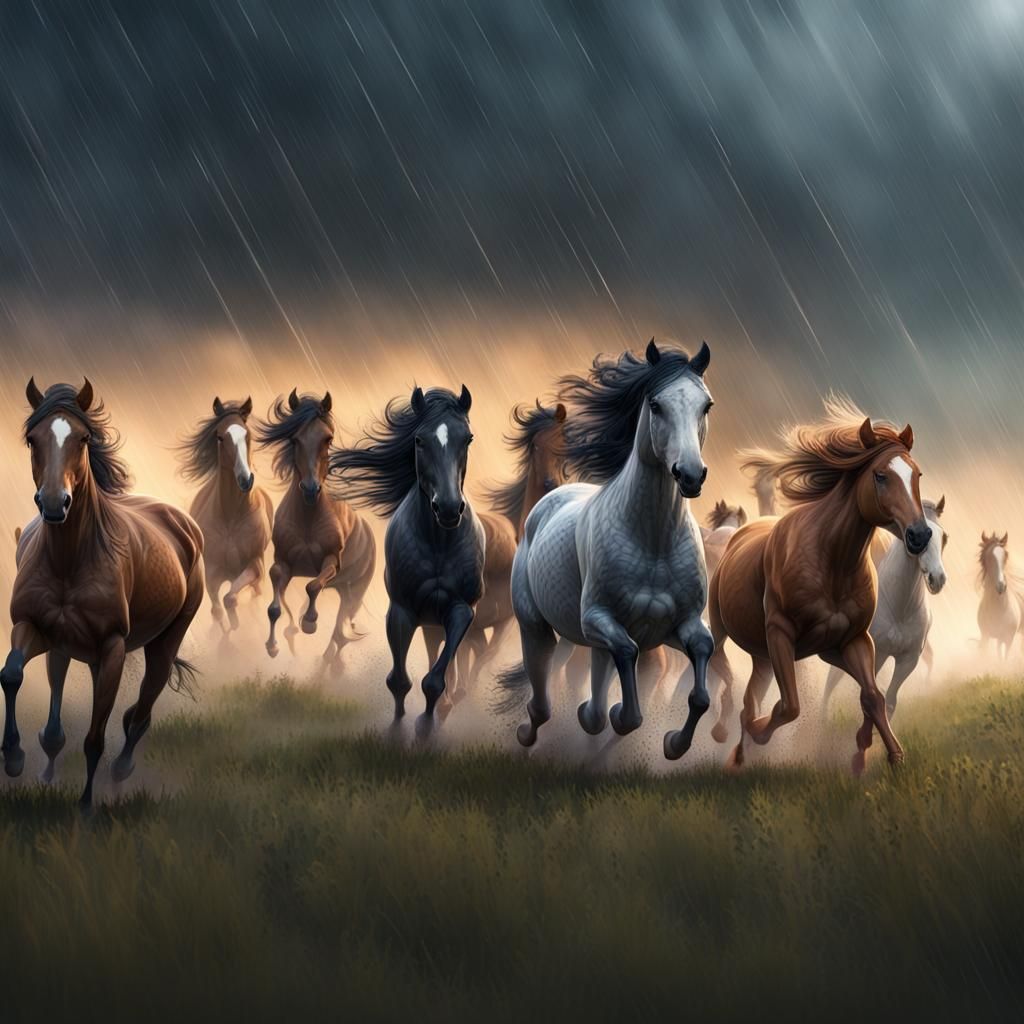 Wild Horses Running Through Stormy Prairie