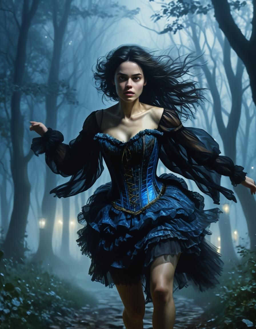 Woman Running in Forest: Chiaroscuro Oil Painting