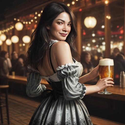 Bavarian Woman in Dirndl at Oktoberfest, Expressive Oil Port...