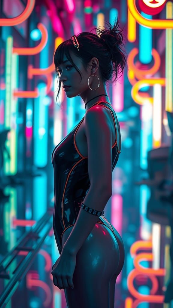 Neon-Accented Woman in Catsuit with Cyberpunk Style