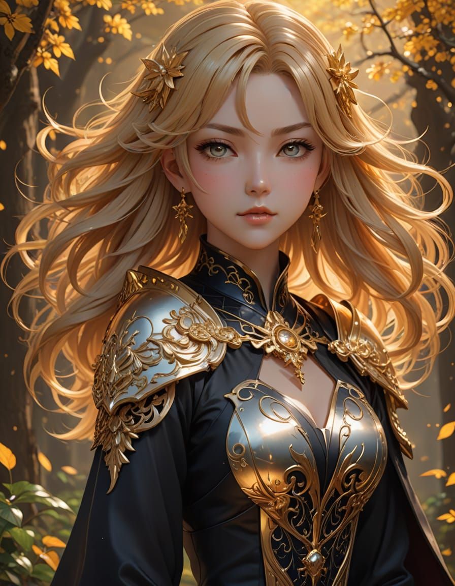 Anime Inspired Woman Poses in Ethereal Golden Glow