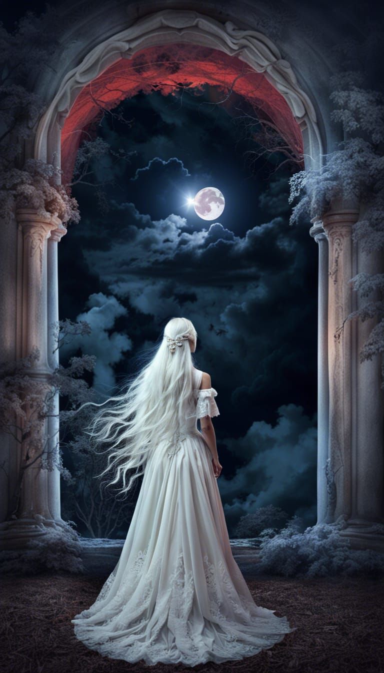 Ghost Lady in Spooky Castle Under Red Moon