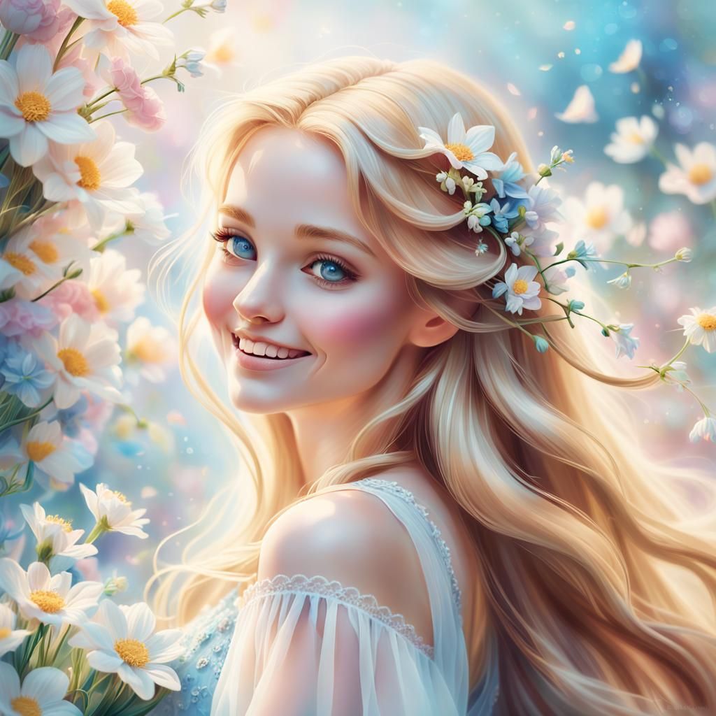Young Woman Portrait with Flowers in Dreamy Style