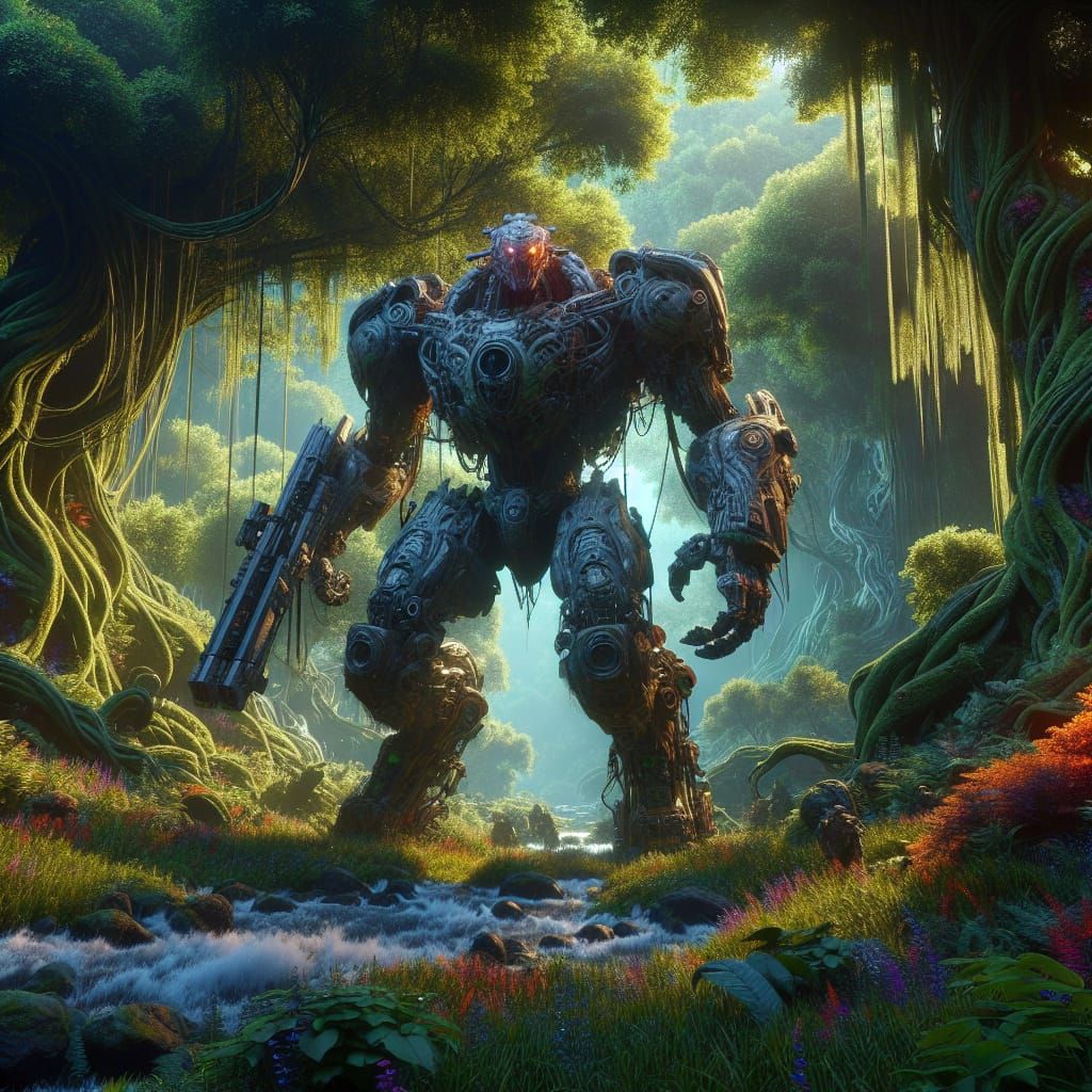 Alien Robot Warrior in Lush Forest Concept Art