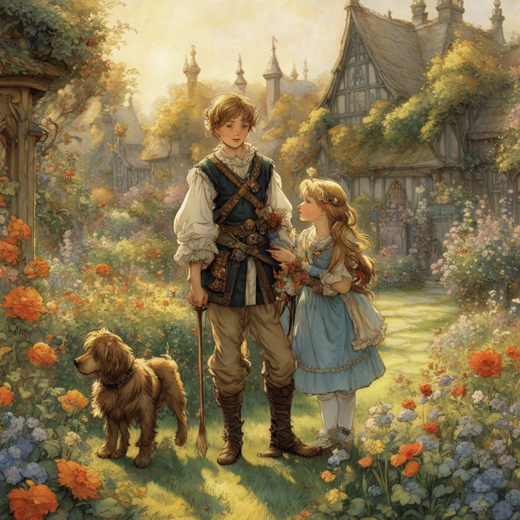 Medieval Fairytale Scene with Girl, Brother, and Puppy in a ...