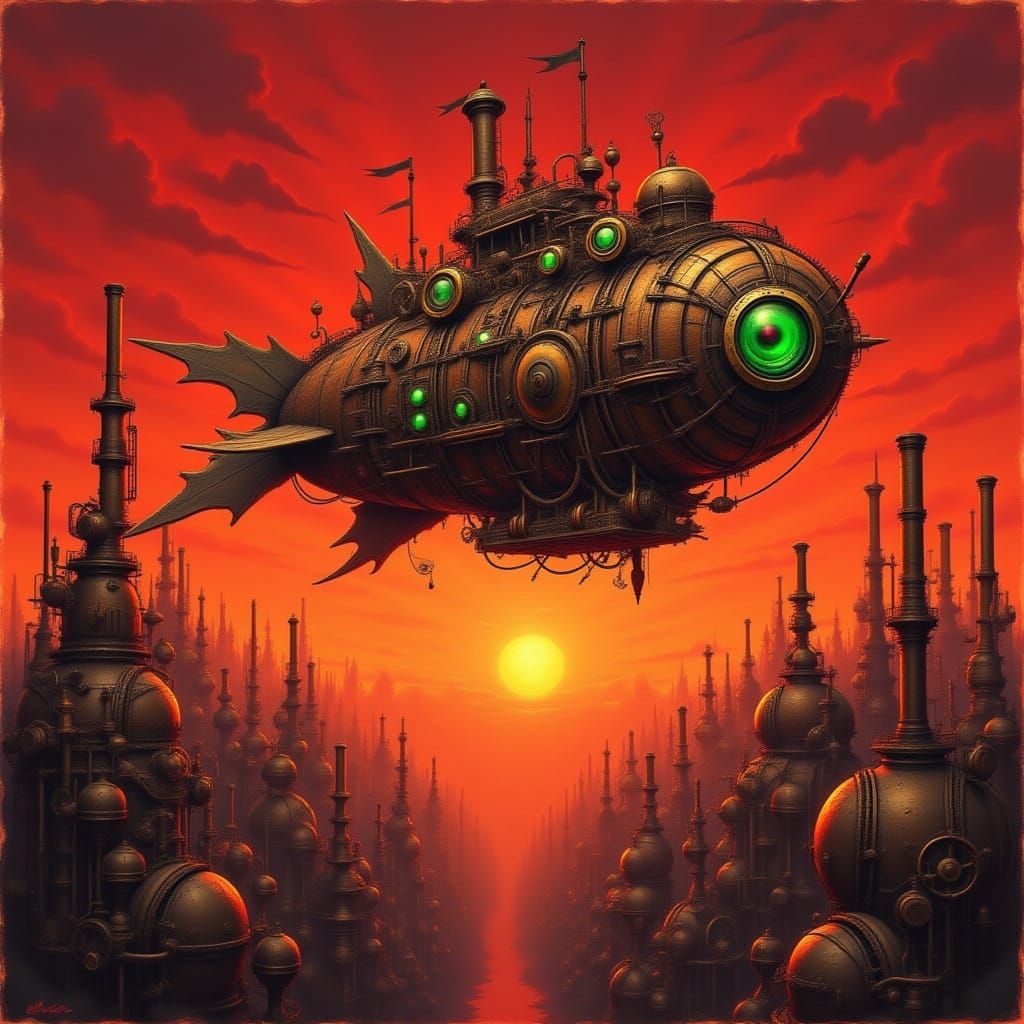 Mechanical Dragon Airship Soars Through Steampunk City