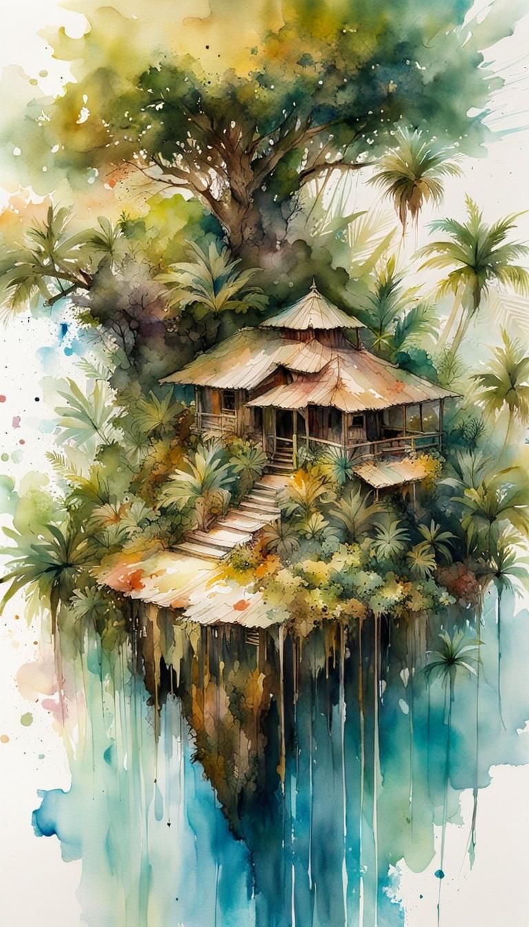 Watercolor Island Oasis: A Golden Masterpiece