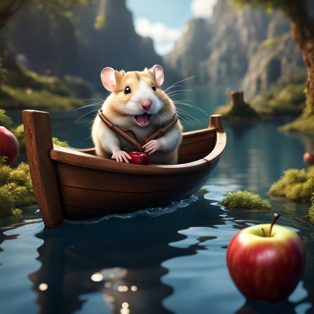 Hamster's Apple Boat Ride: Detailed Matte Painting