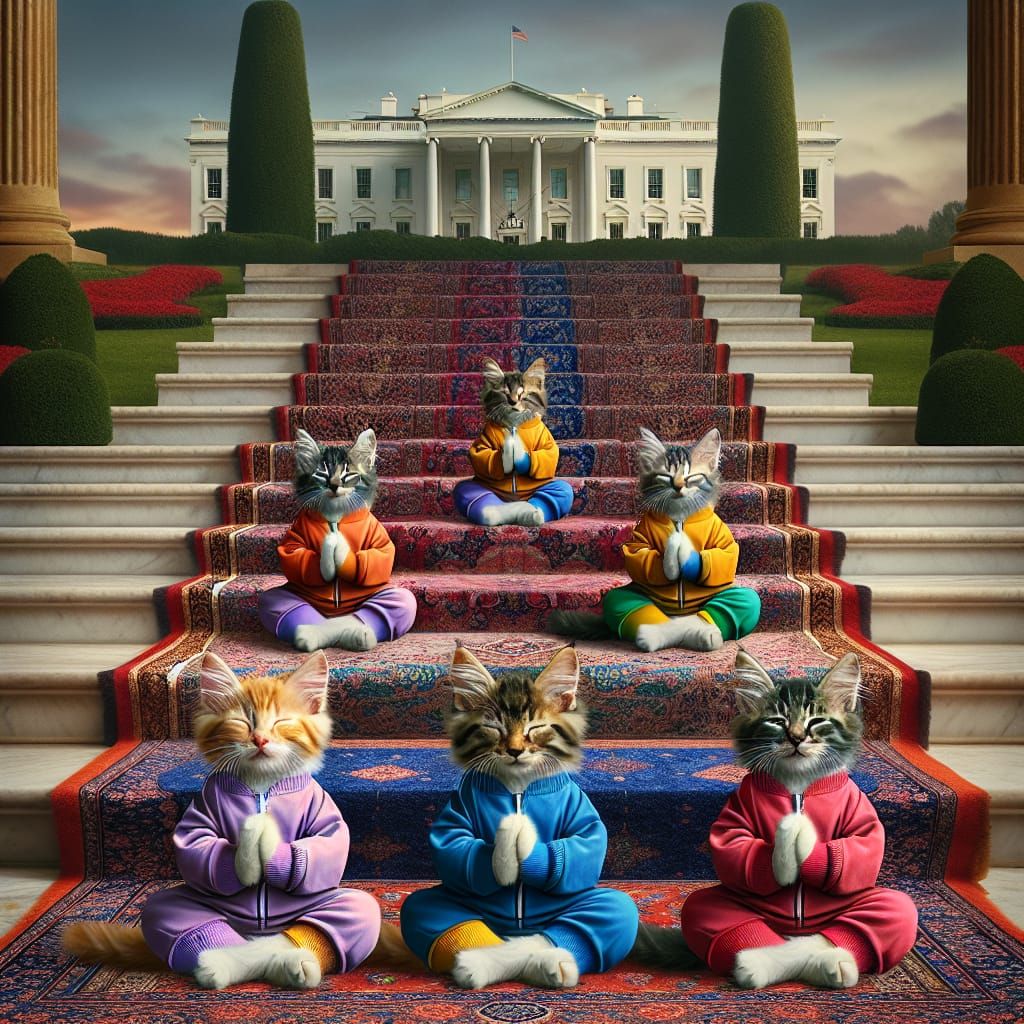 Kittens in Yoga Jackets Meditate on Grand Mansion Steps