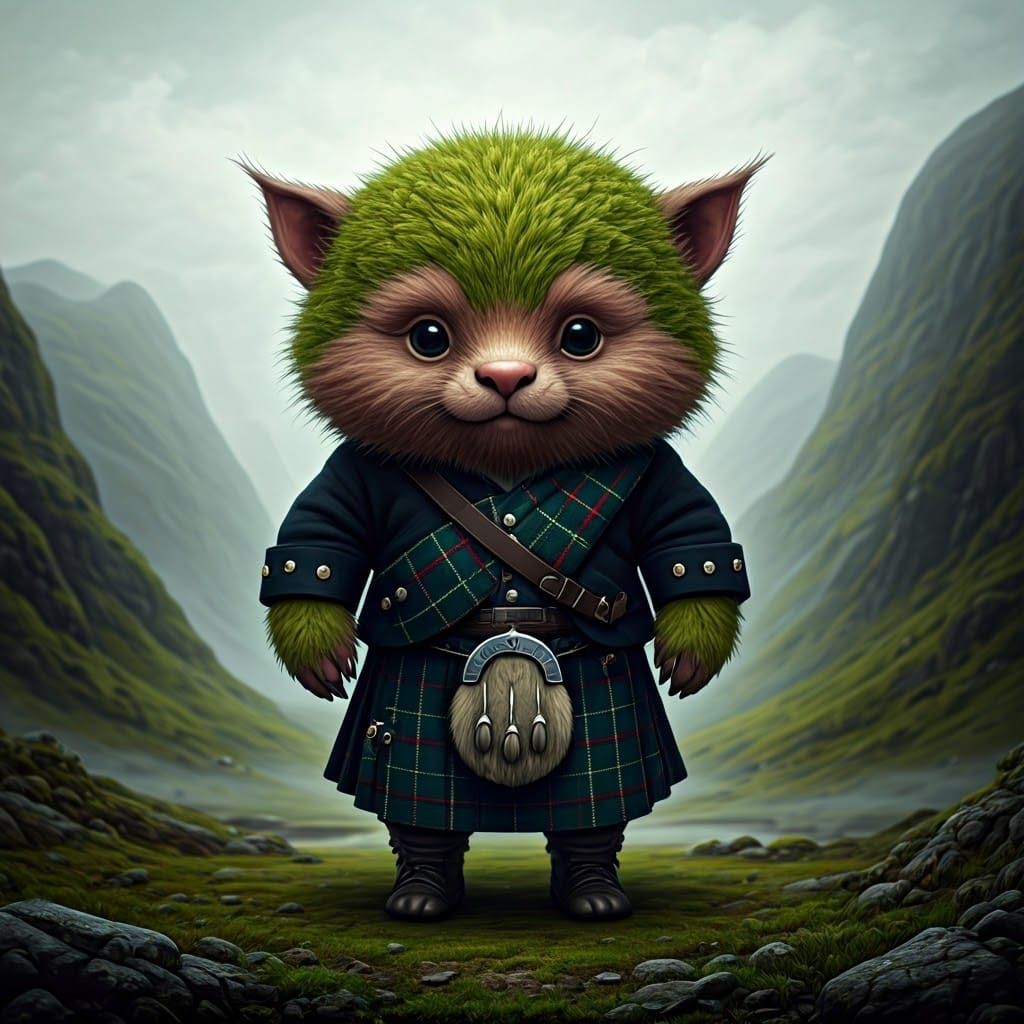 Furry Creature in Kilt: Scottish Highlands Watercolor