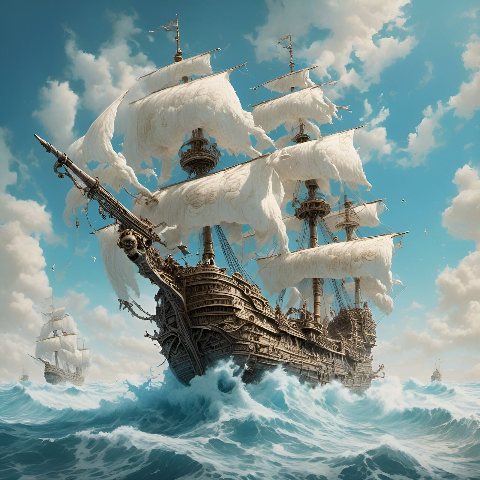 Fluffy Cloud Skull Pirate Ship in 3D Paper Style