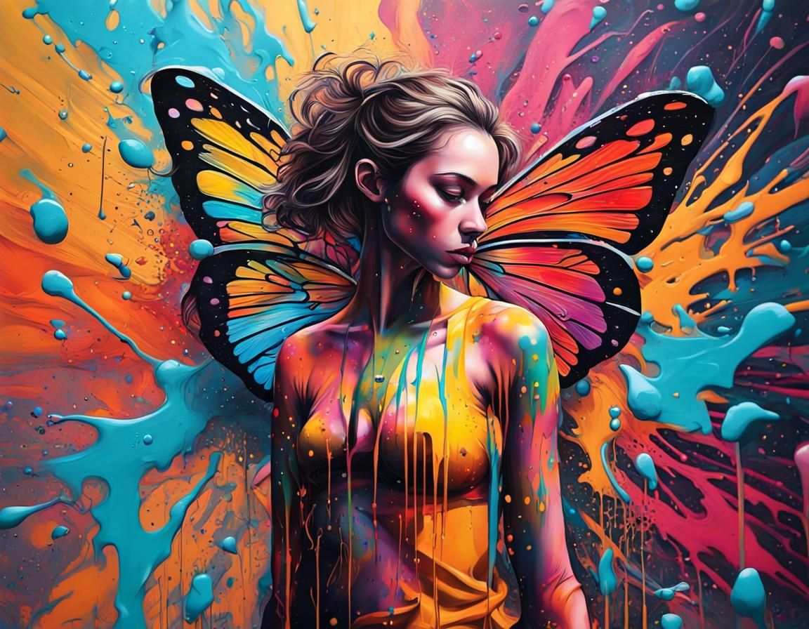 Colorful Butterfly Graffiti Art on Woven Web