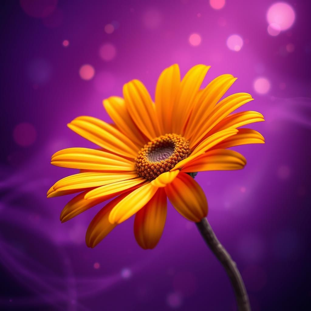 Orange Daisy Against Purple Backdrop, Hyperrealistic Digital...
