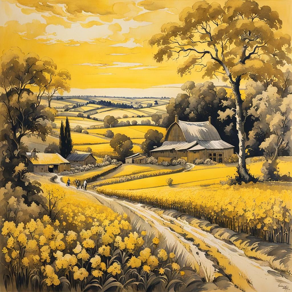 Idyllic Farm in Yellow Monochromatic Ink Wash