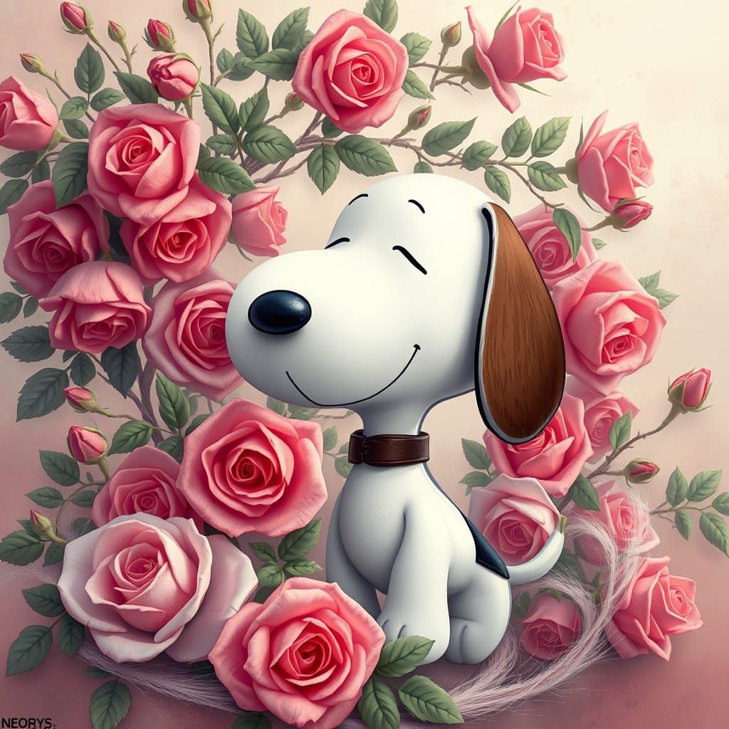 Snoopy in Whimsical Rose Fantasy
