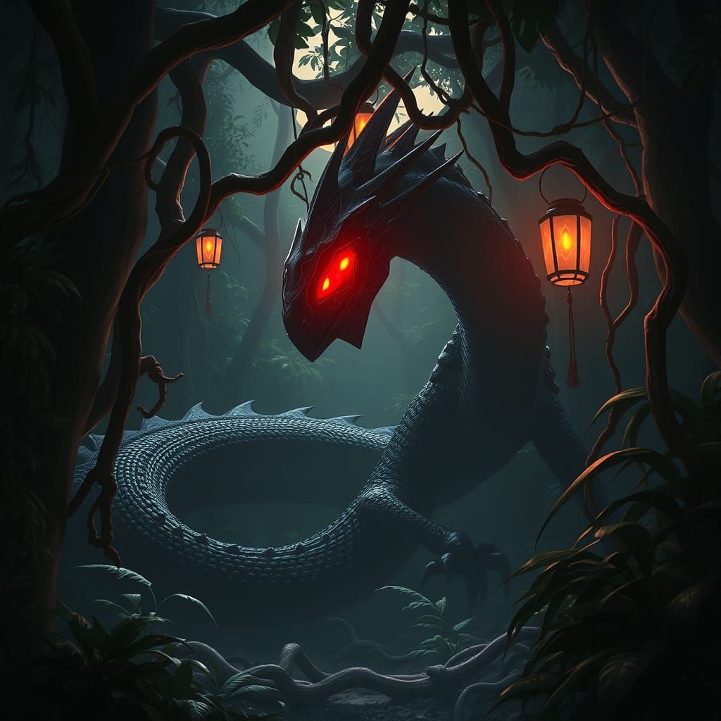 Ethereal Crimson Eyes of a Shadowy Jungle Beast