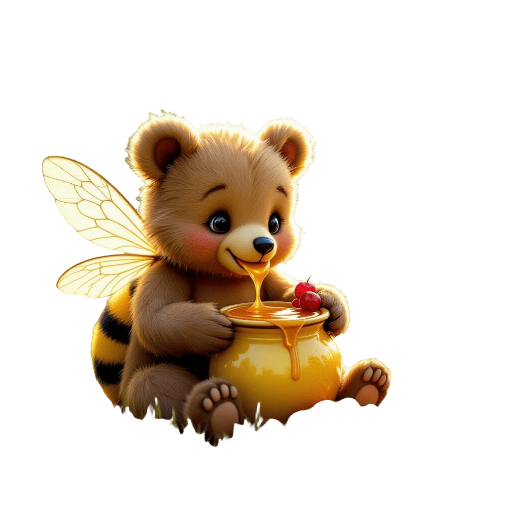 Whimsical Bee-Bear Enjoys Honey and Berries in Meadow