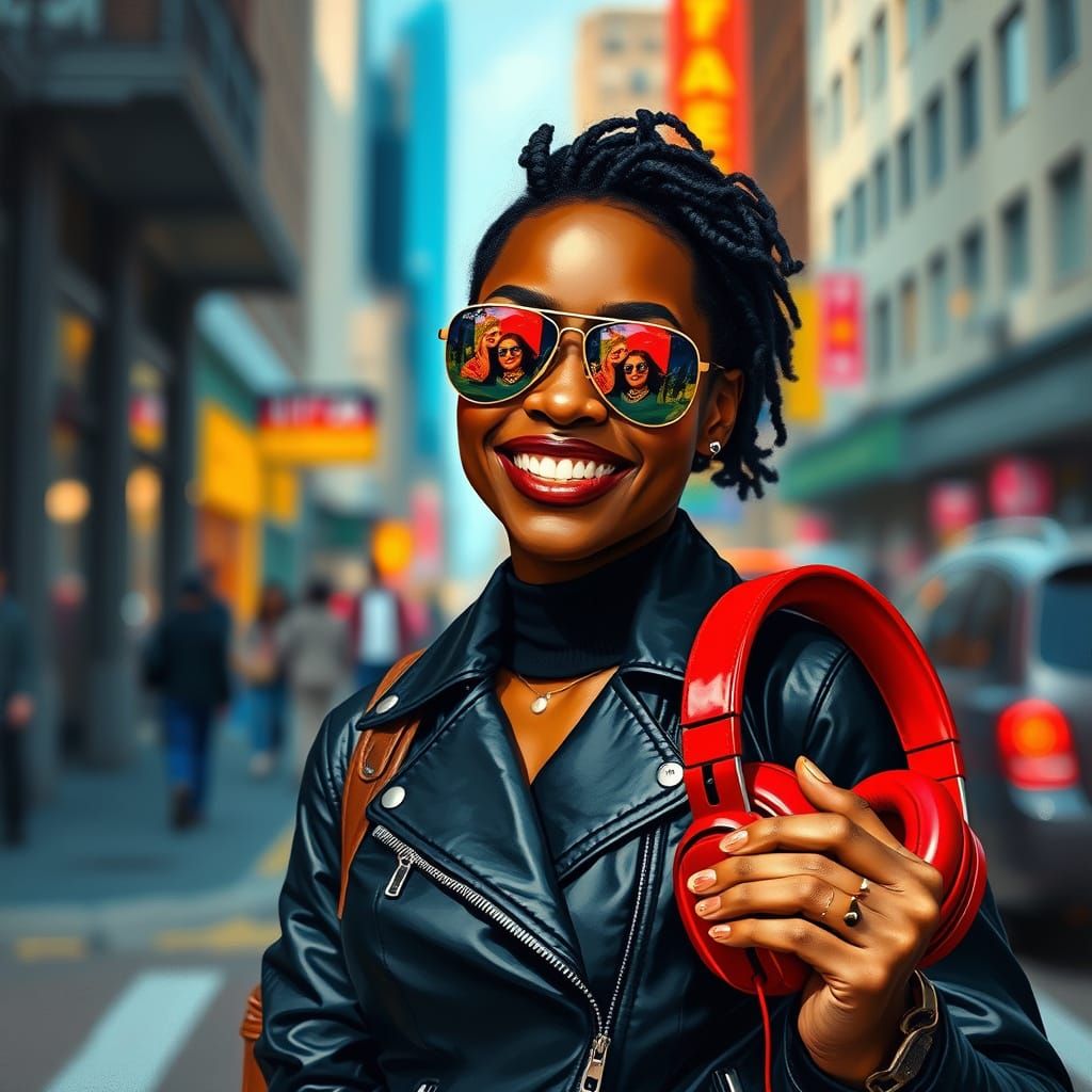 Radiant Woman in Cityscape, Digital Painting Style