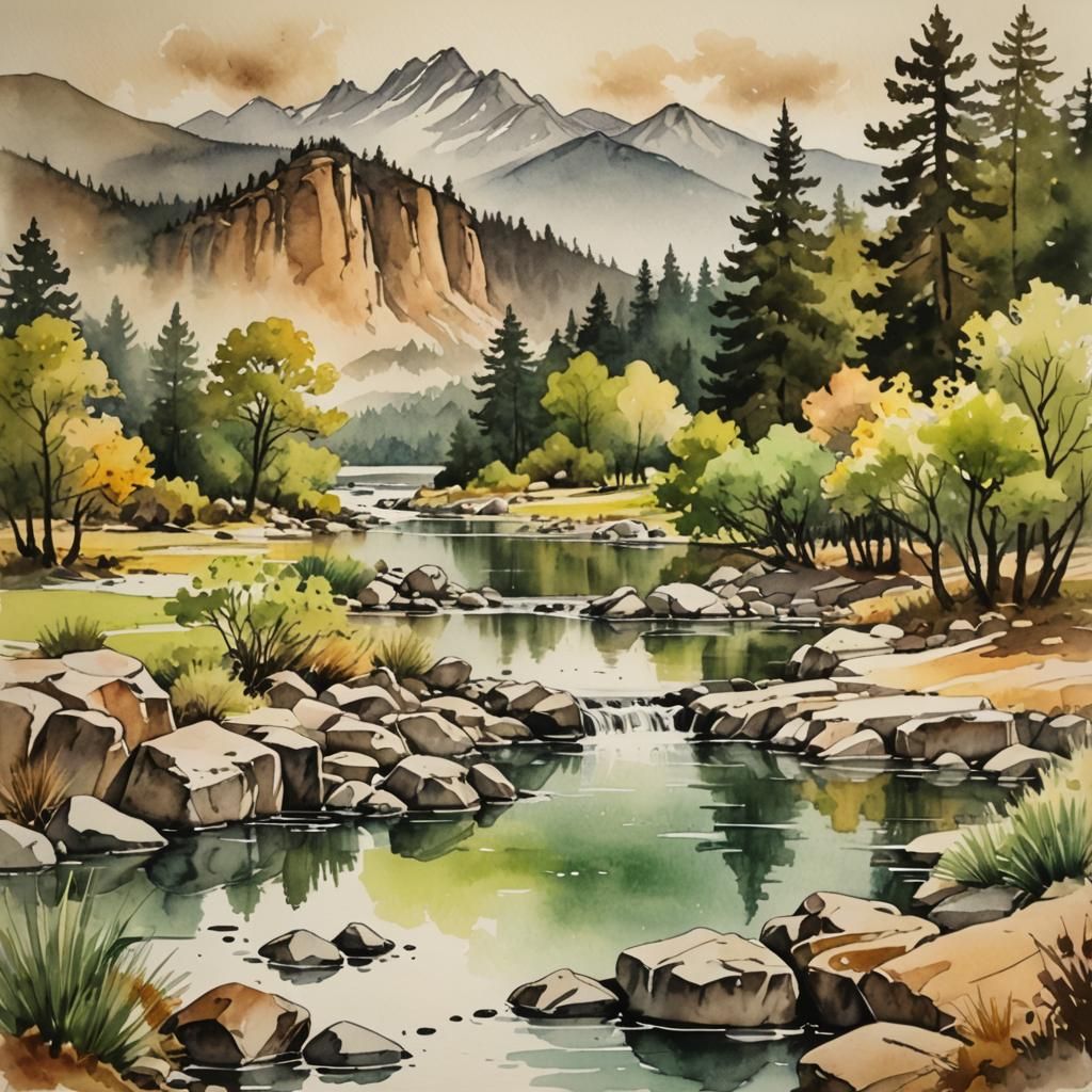 Sepia Ink Wash Landscape with Vivid Colors