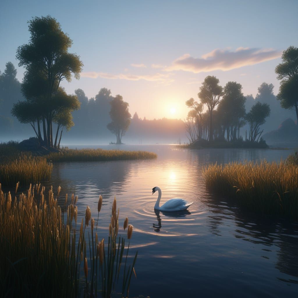 Serene Sunrise on a Tranquil Lake with a Lone Swan in a Vibr...
