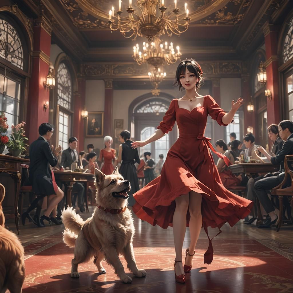 Lady Dancing with Dog in Anime Graffiti Style