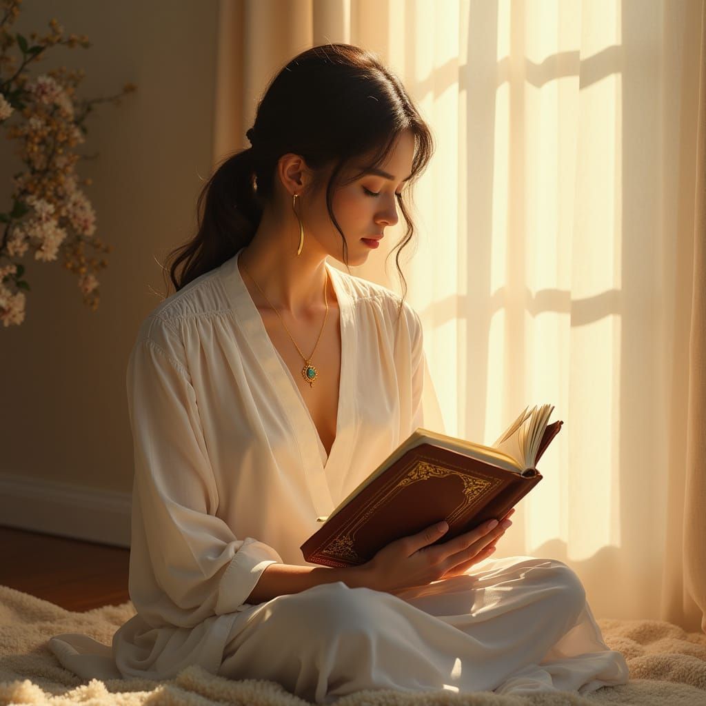 Serene Woman in Contemplation with Prayer Journal