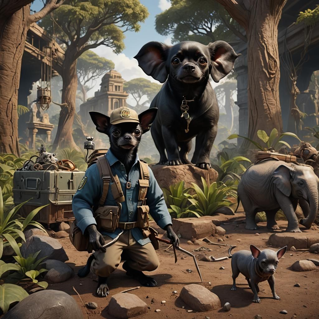 Chihuahua Zoologist and Nesting Elephant, Detailed Matte Pai...