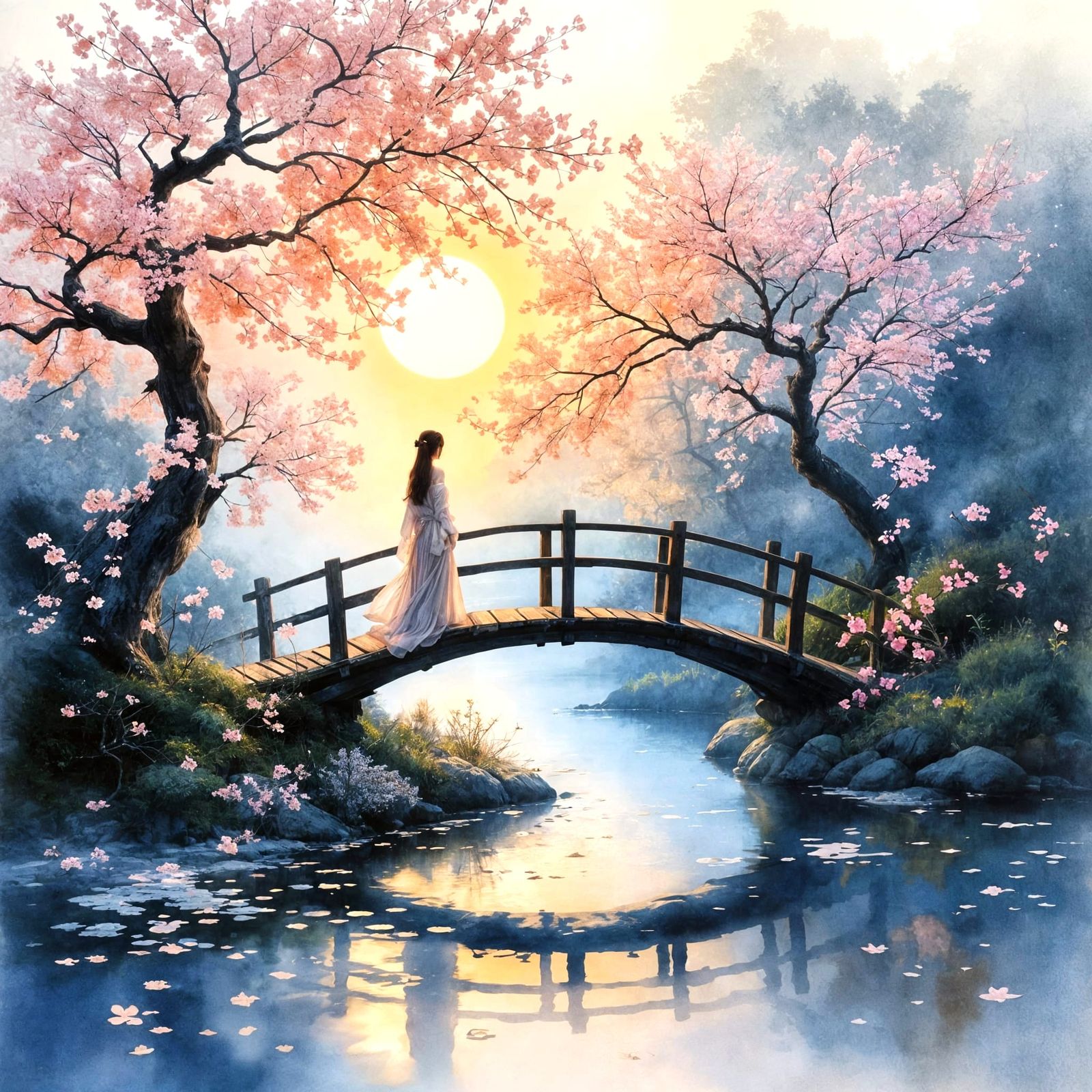 Ethereal Woman in Japanese Garden Watercolor