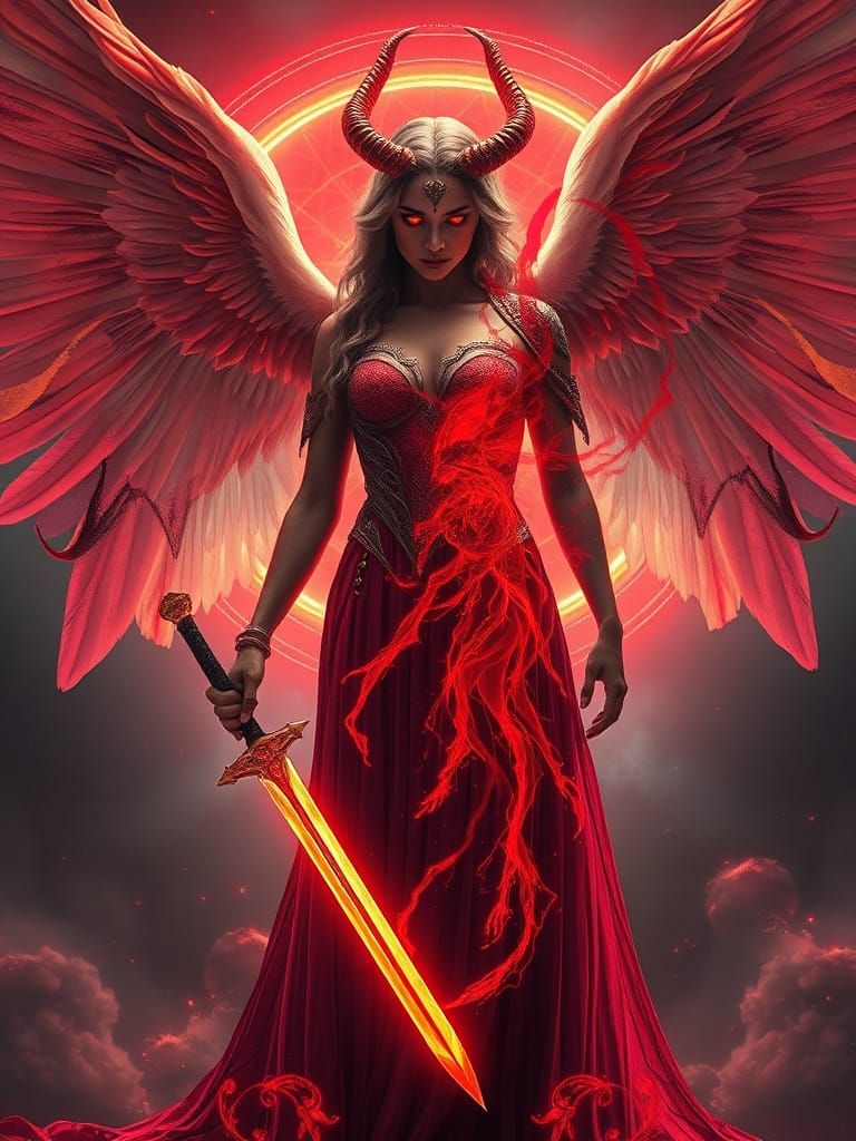 Ethereal Angel Emerges from Fiery Red Demon