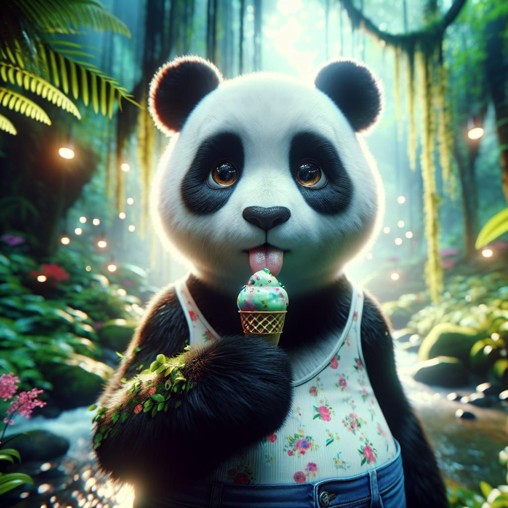Sweet Panda Eating Ice Cream in Rainforest