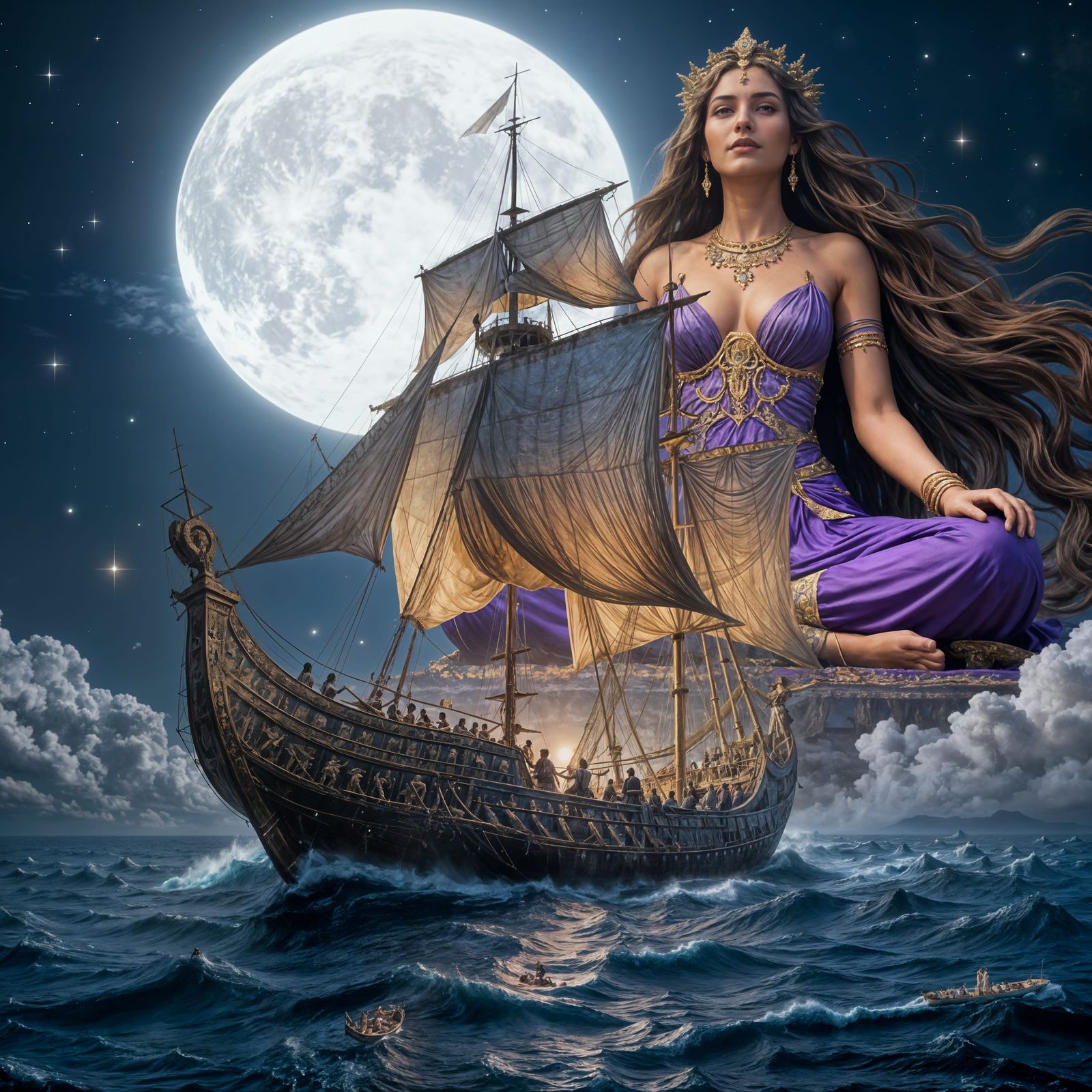 Ocean Goddess Watches Boat Under Bright Moonlit Sky