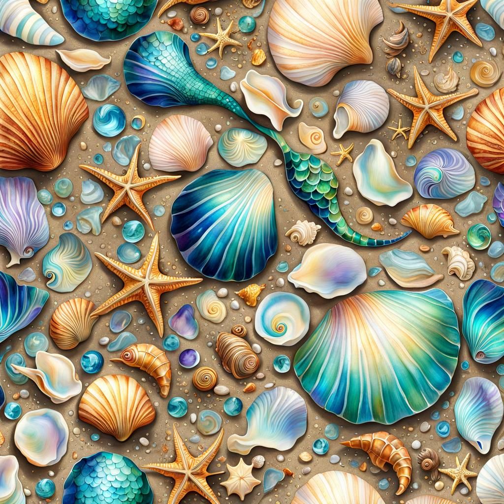 Luminous Seashells and Sea Treasures on Beach