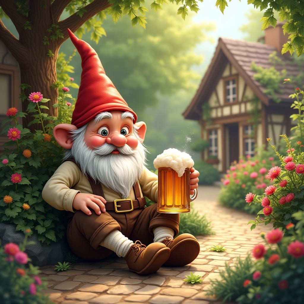 Friendly Gnome in Vibrant Beer Garden
