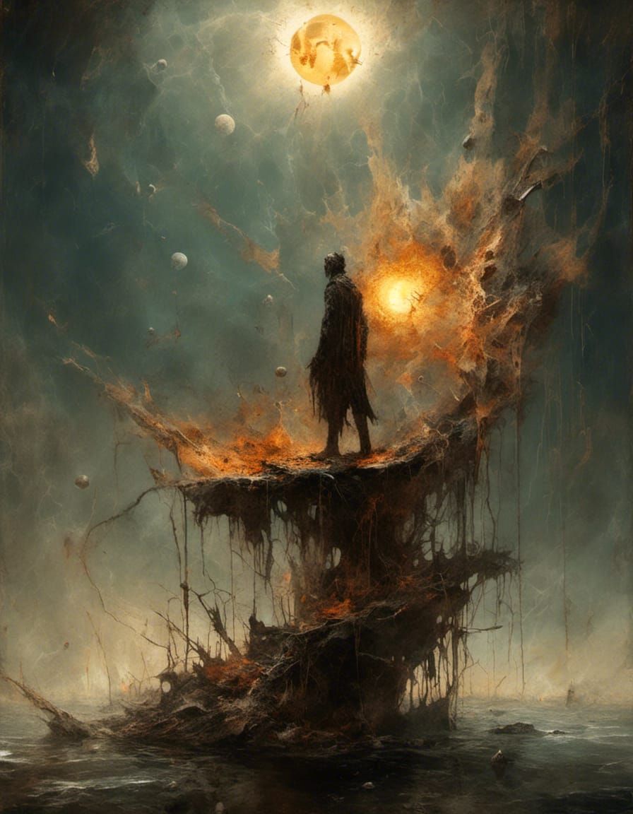 Mystical Figure Repairs Shattered Sun in Night Sky