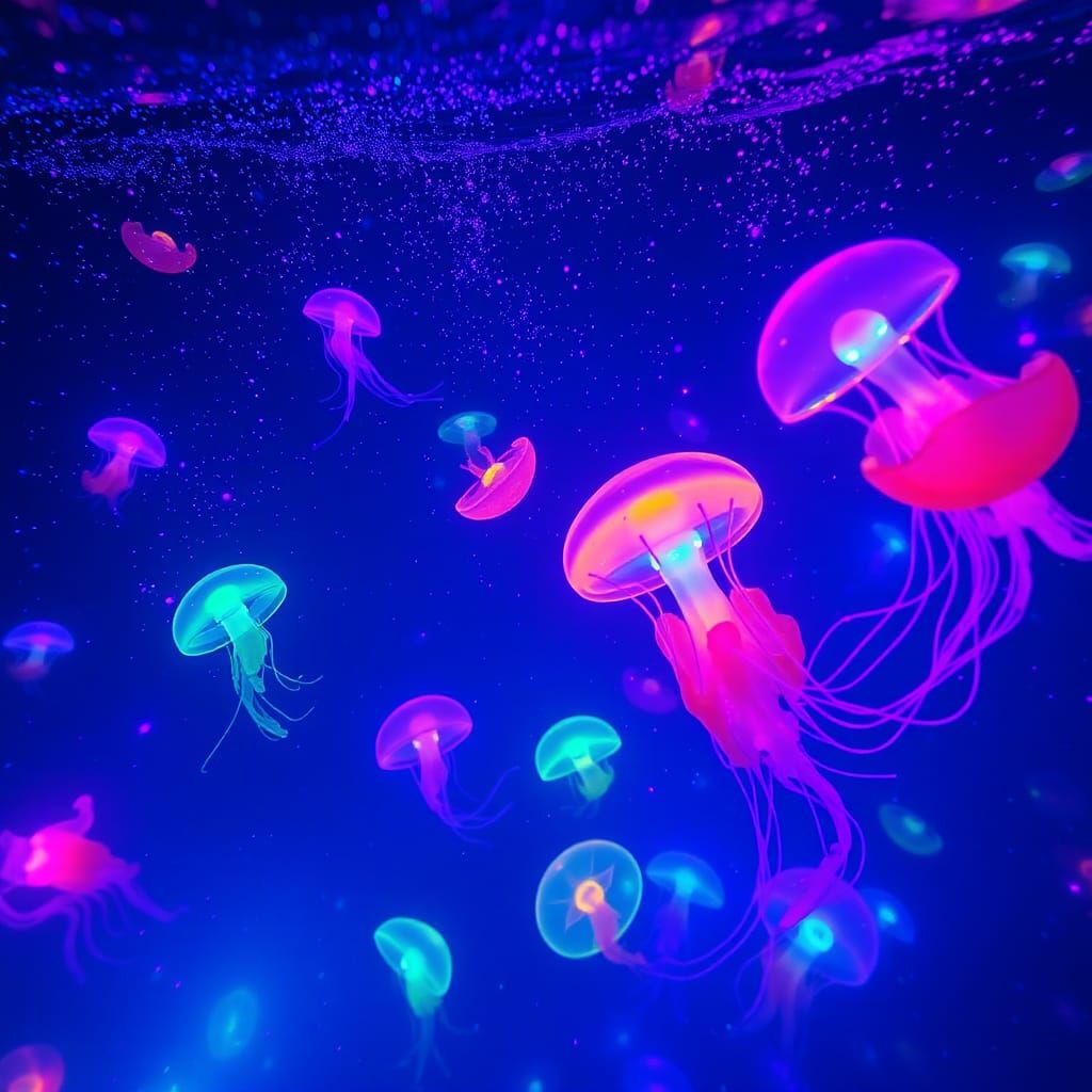 Bioluminescent Ocean with Glowing Creatures in Digital Art S...