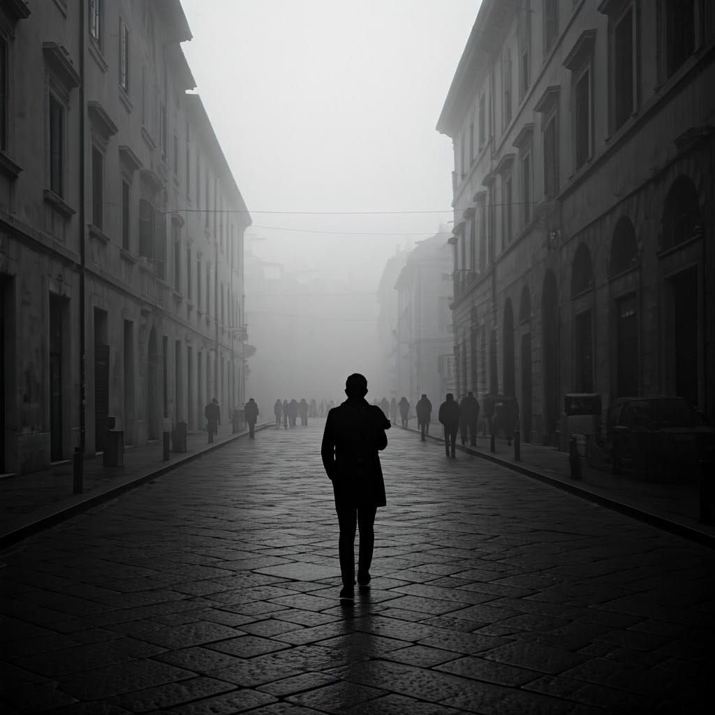 Fog-Shrouded Figure in Gothic Cityscape