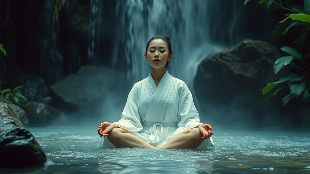 Meditative Woman by Waterfall in Fantasy Art Style