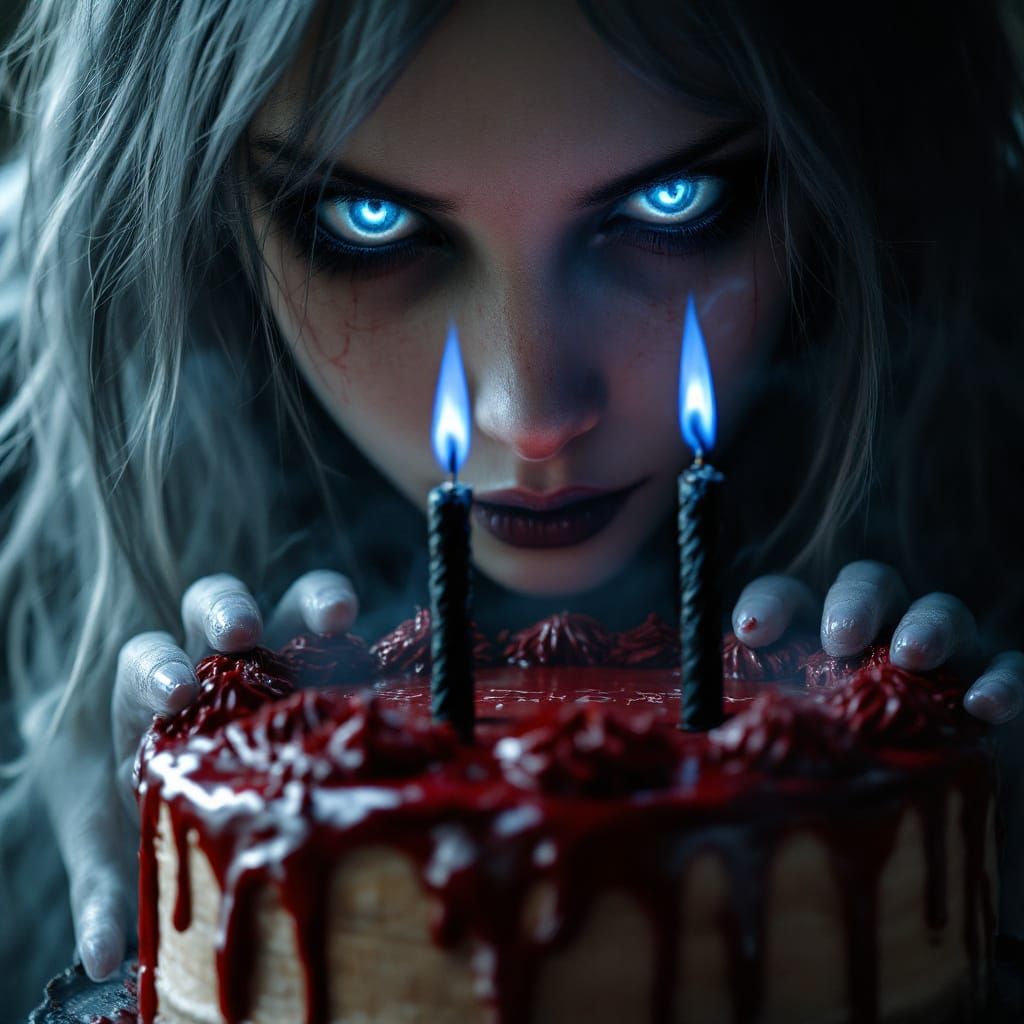 Ghost Girl With Silver Eyes Over Haunted Birthday Cake