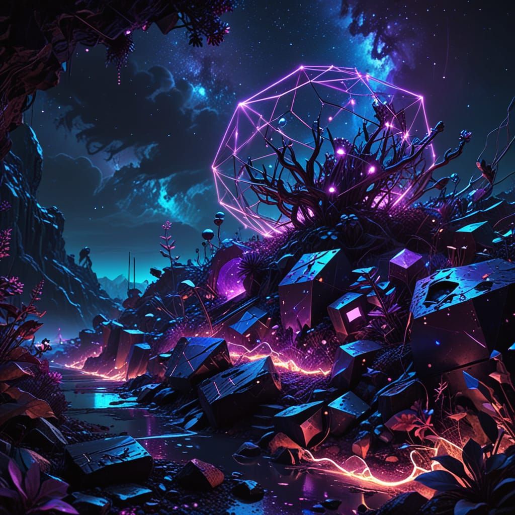 Neon Synthwave Dreamscape with Bioluminescent Flora