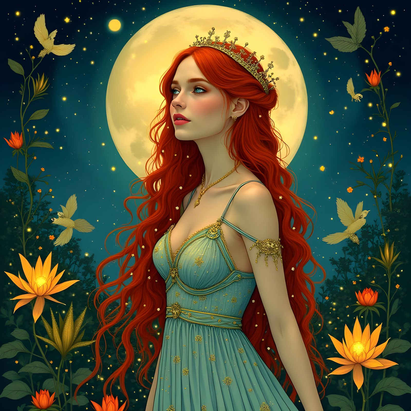 Moonlit Garden: Red-Haired Woman in Art Nouveau Style