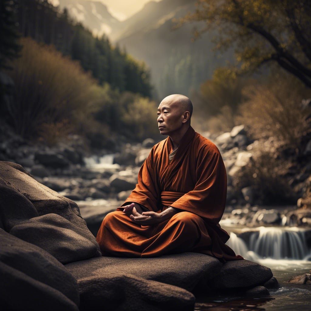 Meditating Taoist Monk by Mountain Stream