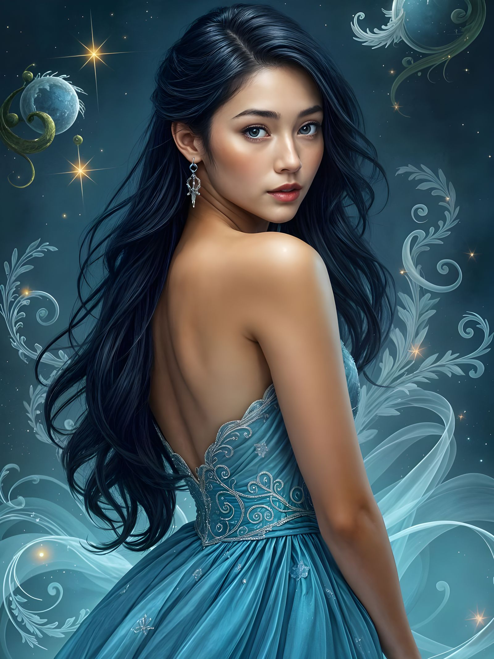 Sensual Fantasy Portrait in Whimsical Blue and White